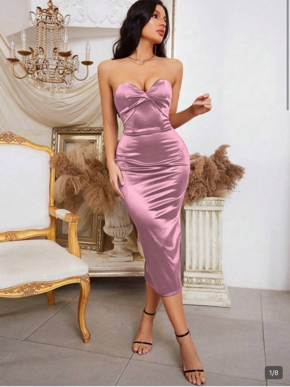 FRIENDS Strapless Satin Midi Dress in Rose Pink